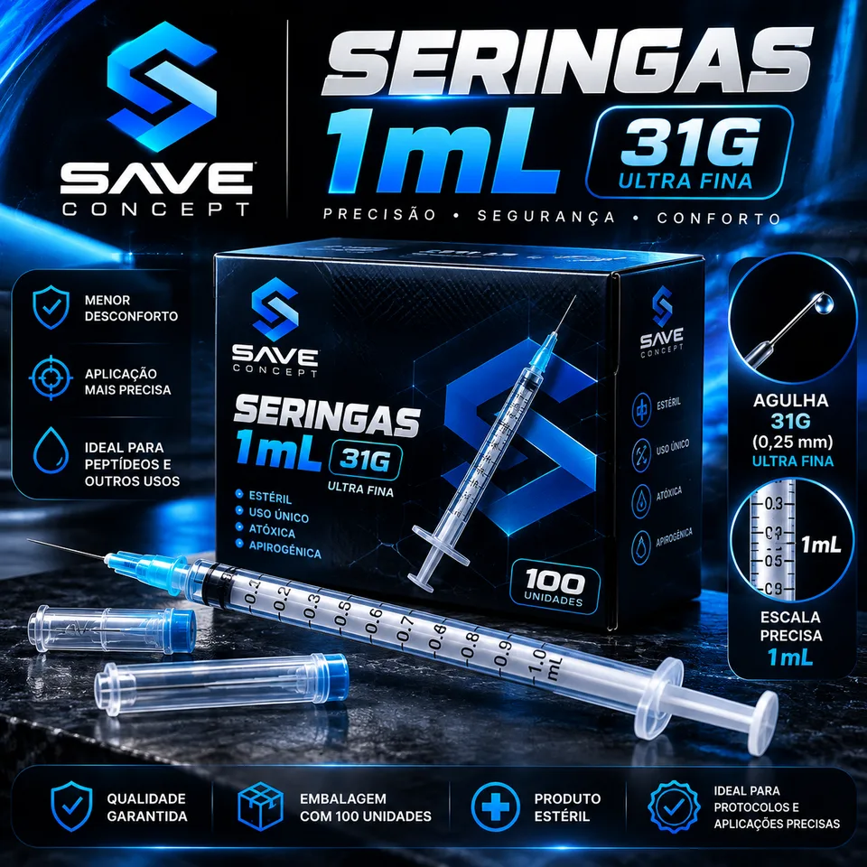 Caixa de seringas Save Concept 1ml 31G com 100 unidades e seringas ao lado